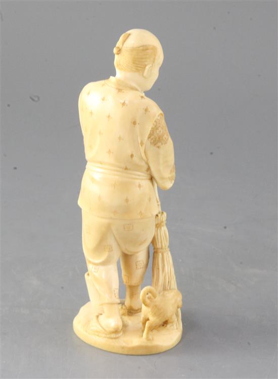 A Japanese ivory okimono of a man and a puppy, early 20th century, height 18.2cm